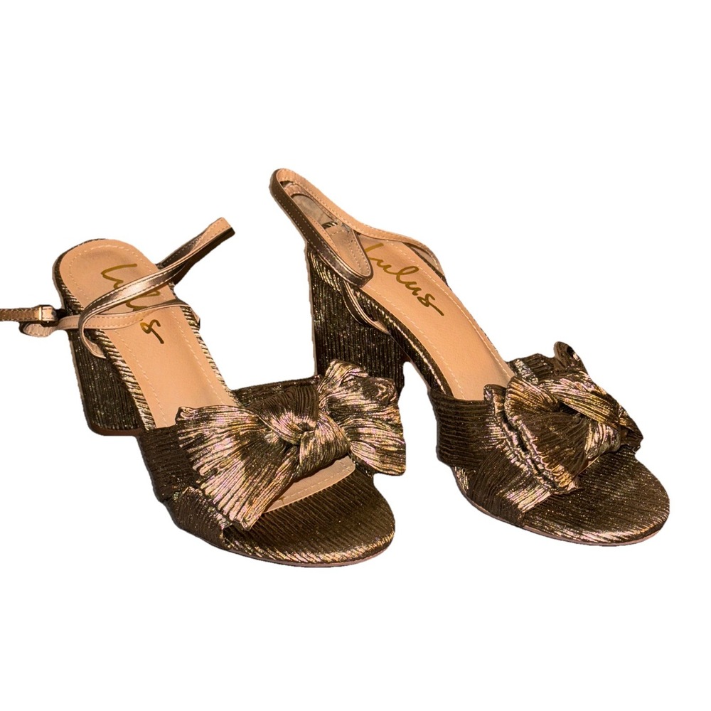 Lulus Dorothea 2 Ankle Strap Heels Metallic Nickel Knotted Bow Hoco Women's Sz 8